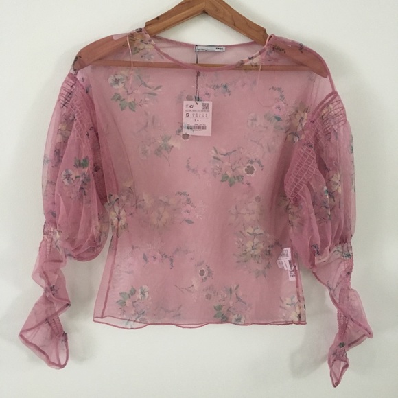 Zara Tops - ZARA Floral Balloon Sleeve Tulle Mesh Top NWT